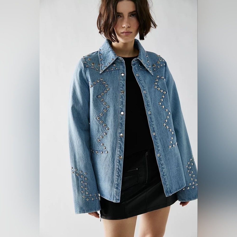 Free People Understated Leather Bluegrass Cotton Denim Shirt Jacket Vintage Blue